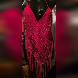 ♥️NEW Red Halter Tie Top W Fringe